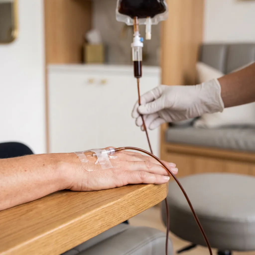 Iron infusion running into a cannula in the hand