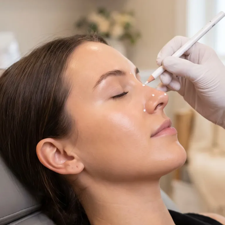 Marking the bridge of the nose before non-surgical rhinoplasty