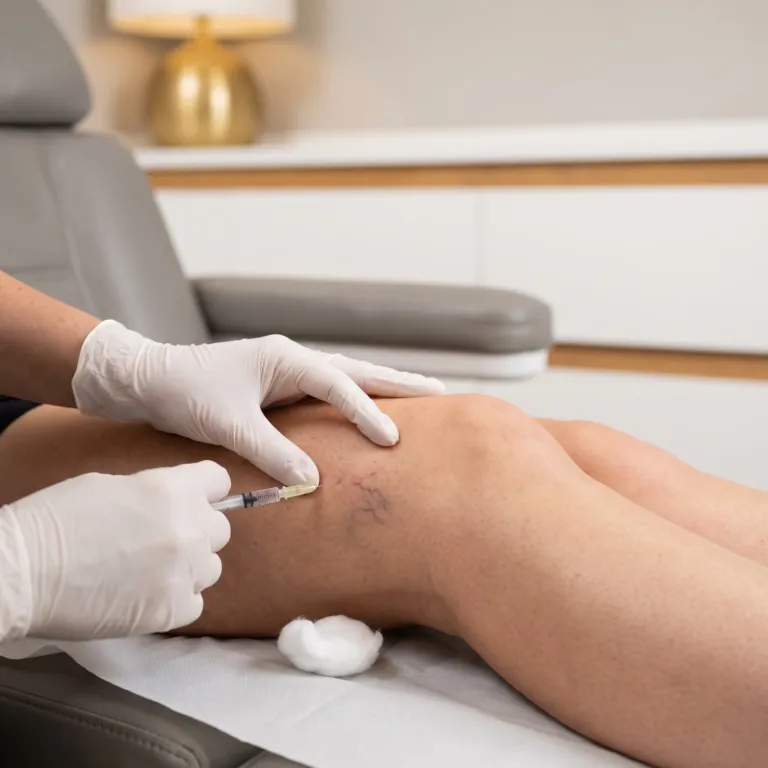 Sclerotherapy injection into thread veins on the leg