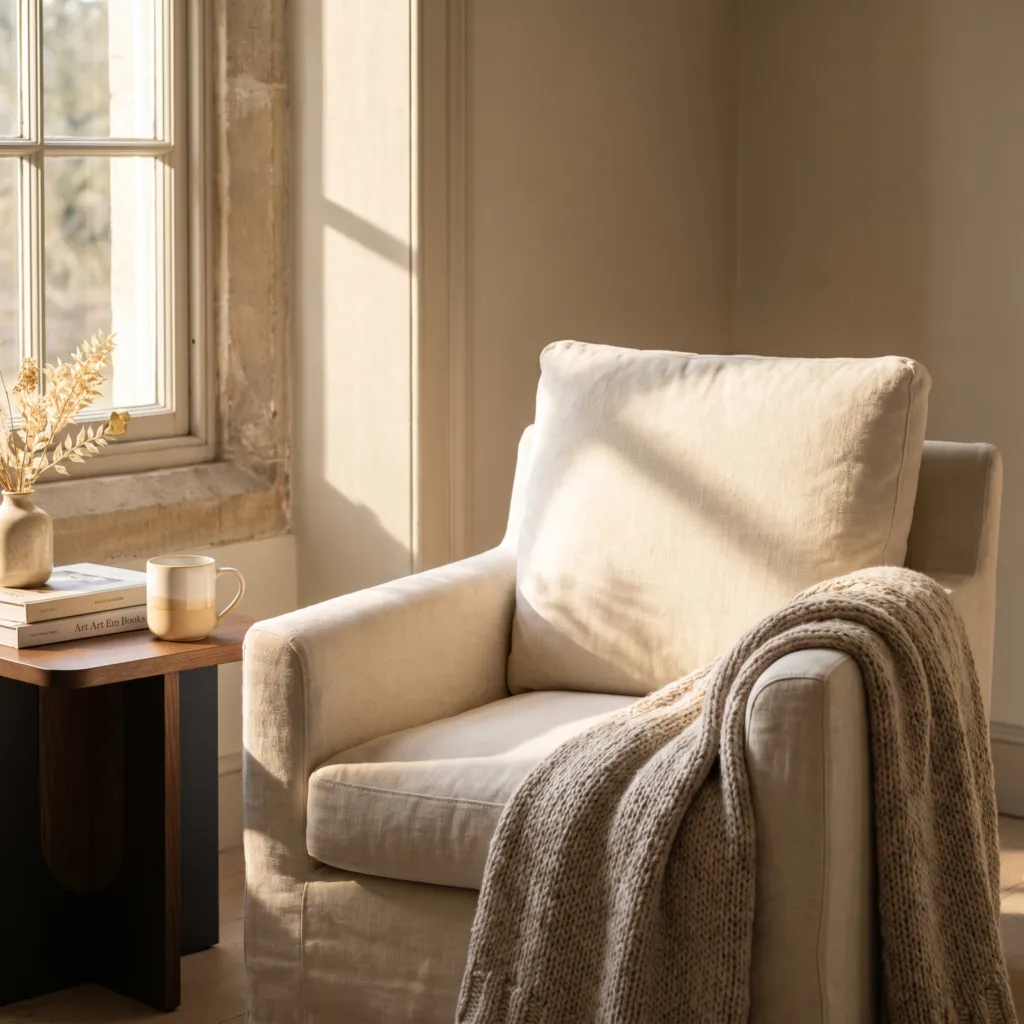 Morning sunlight on a linen armchair