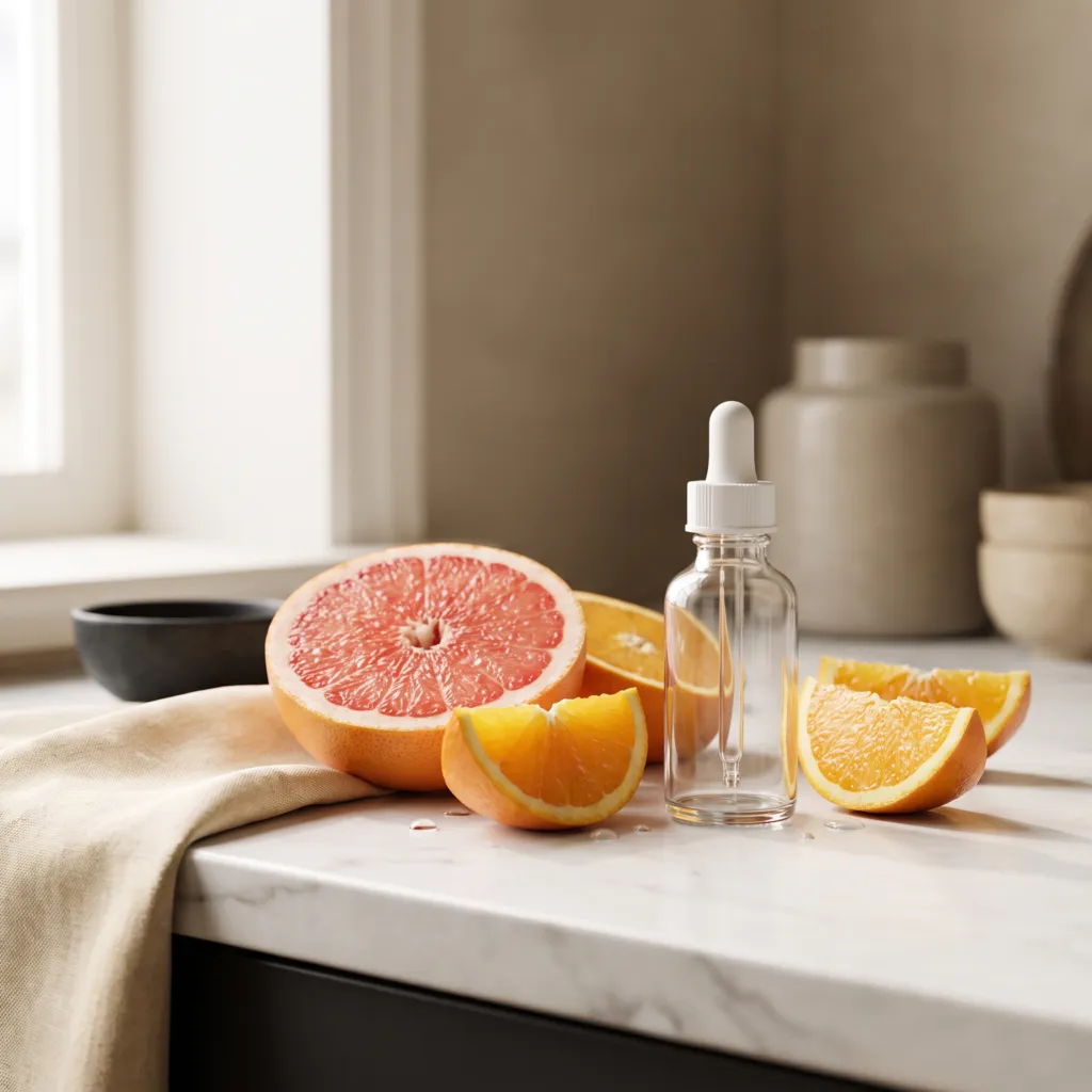 Grapefruit and orange slices beside a glass dropper bottle