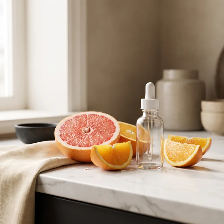Grapefruit and orange slices beside a glass dropper bottle