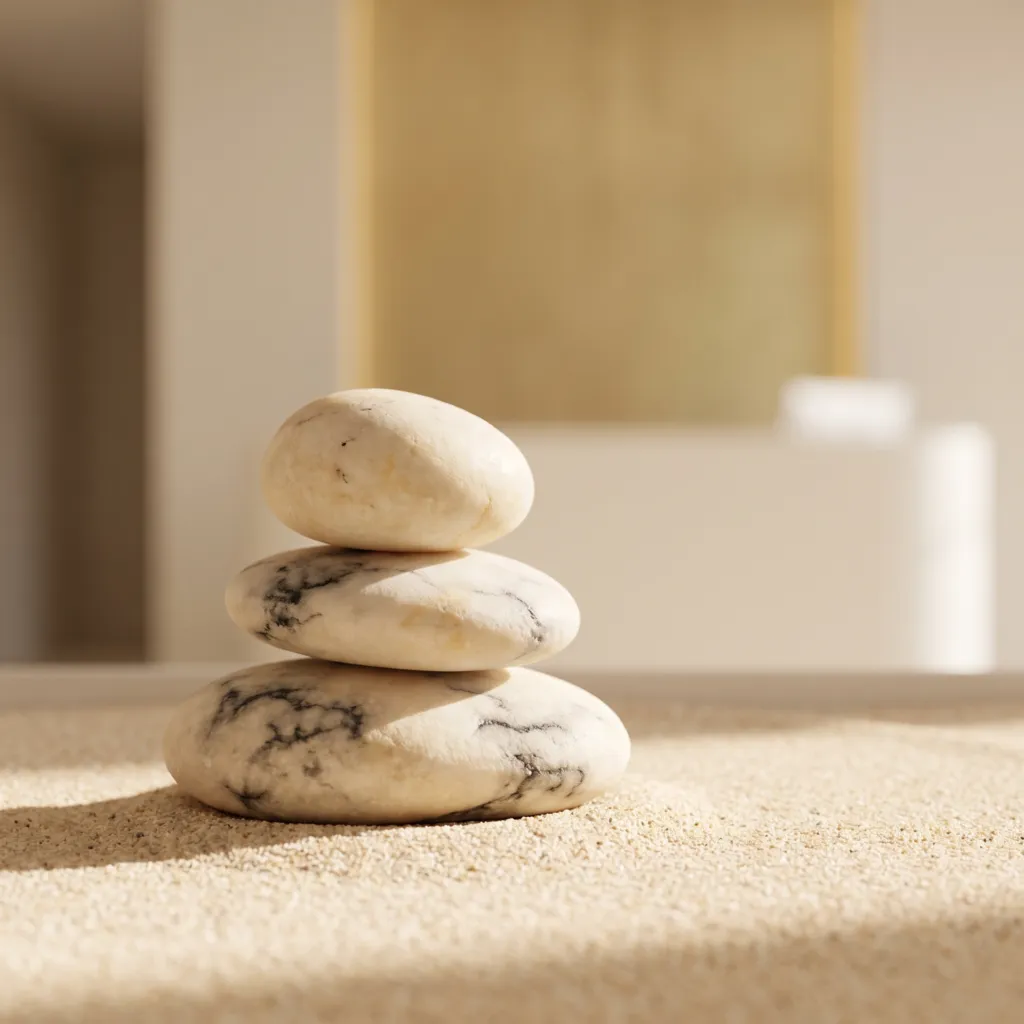 Balanced river stones on pale sand