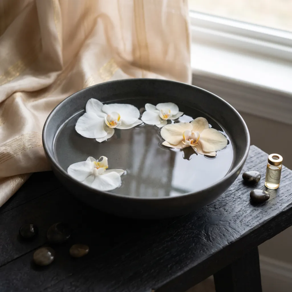White orchid petals floating on still water