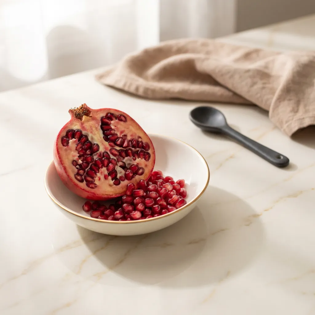A halved pomegranate in a white bowl