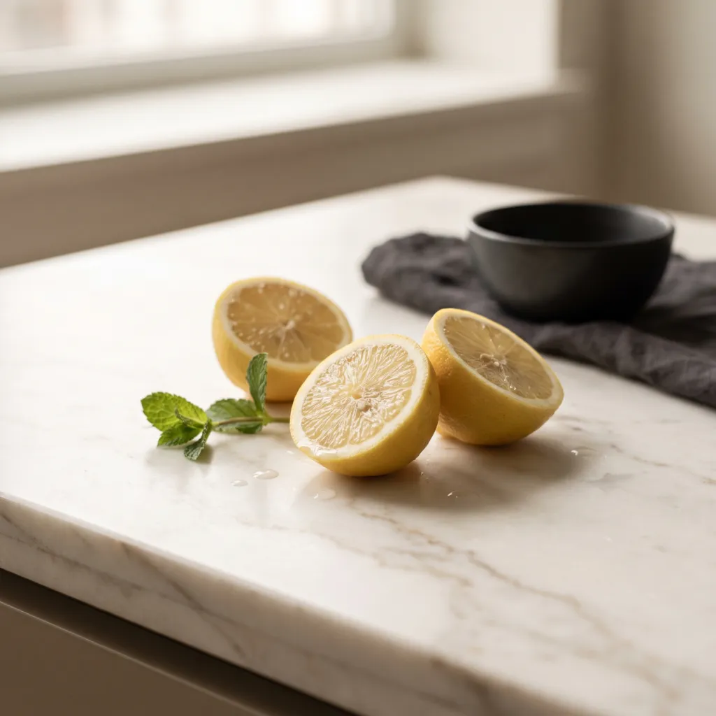 Lemon halves and mint on white marble