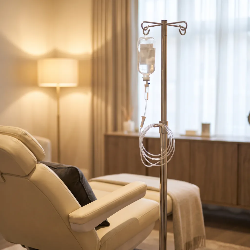 A calm private treatment room with a reclining chair and drip stand