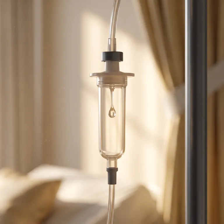 A clear drip chamber backlit in soft gold