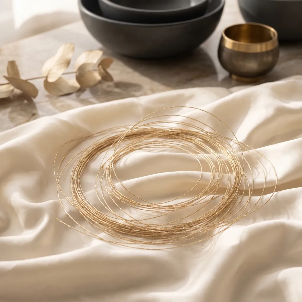 Fine golden threads coiled on ivory silk