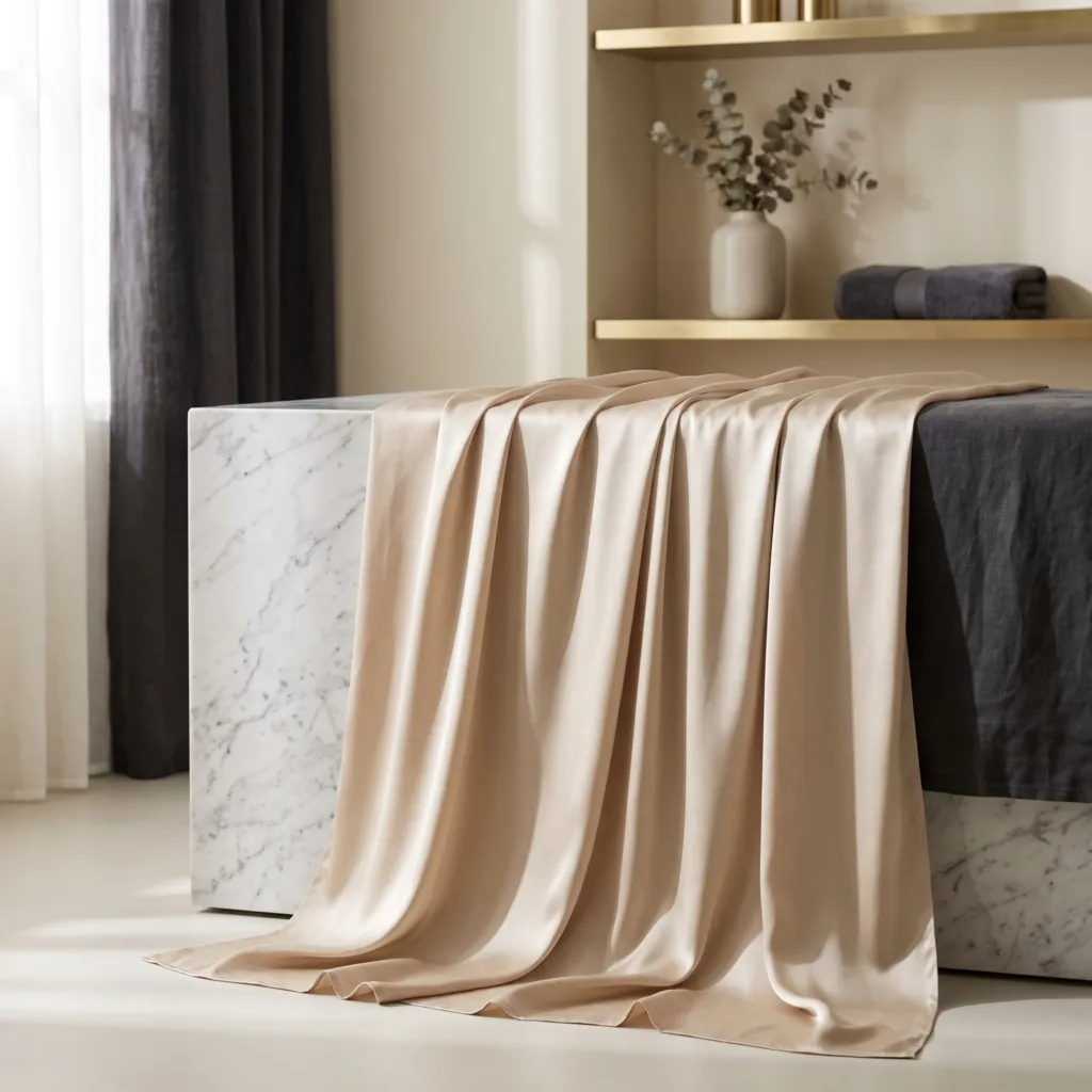 Champagne silk draped over a marble plinth