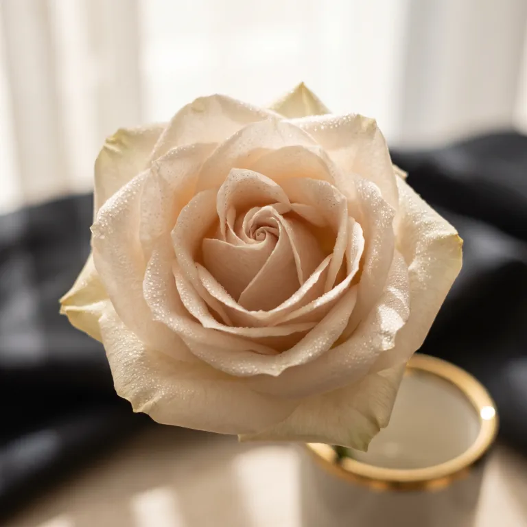 Dew drops on the petals of a pale blush rose