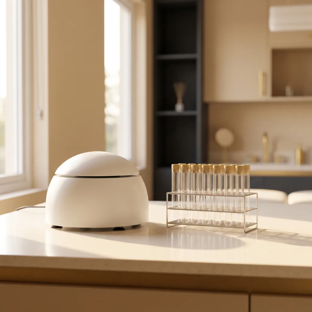 A benchtop centrifuge and glass tubes on a clinic worktop
