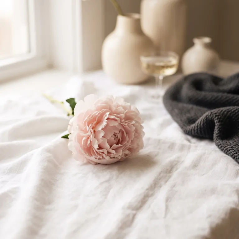 A blush-pink peony on white linen