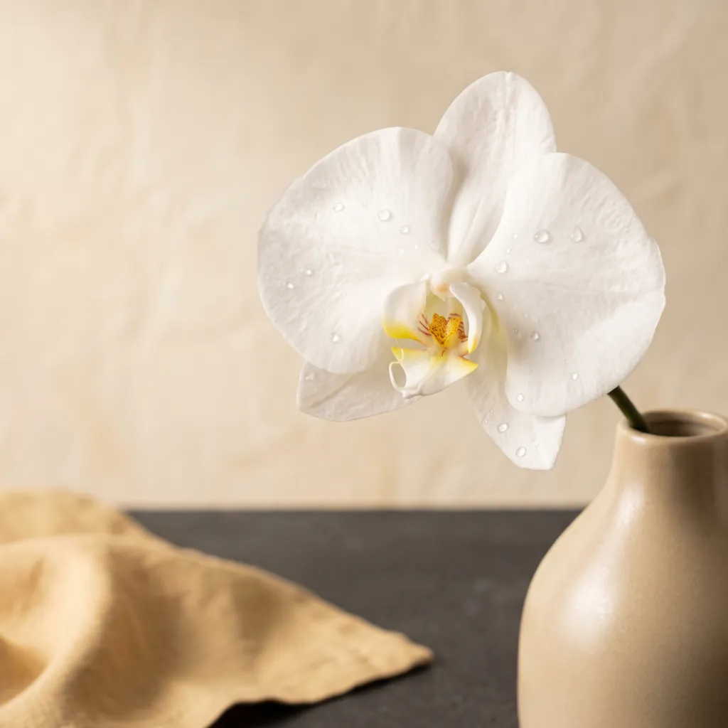 A white orchid with water droplets