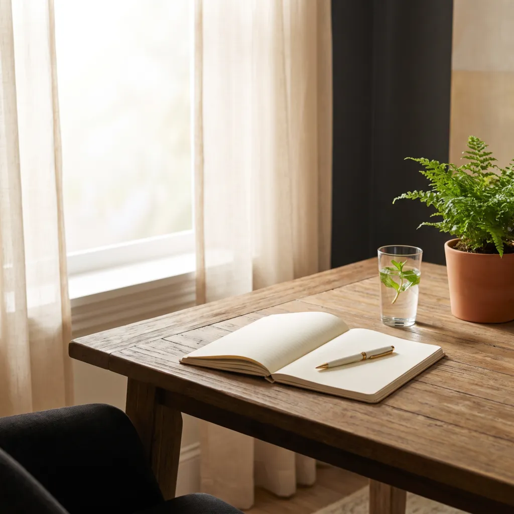 A consultation table with a notebook and a glass of water